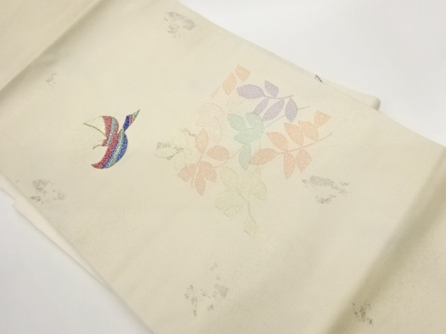 引箔紙布四角に葉・鳥模様織出し名古屋帯